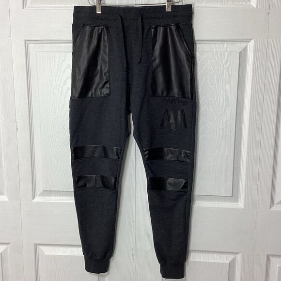 Nappy Tabs Joggers Sweatpants Urban Couture M Men’s Black Faux Leather Pockets - Picture 1 of 15